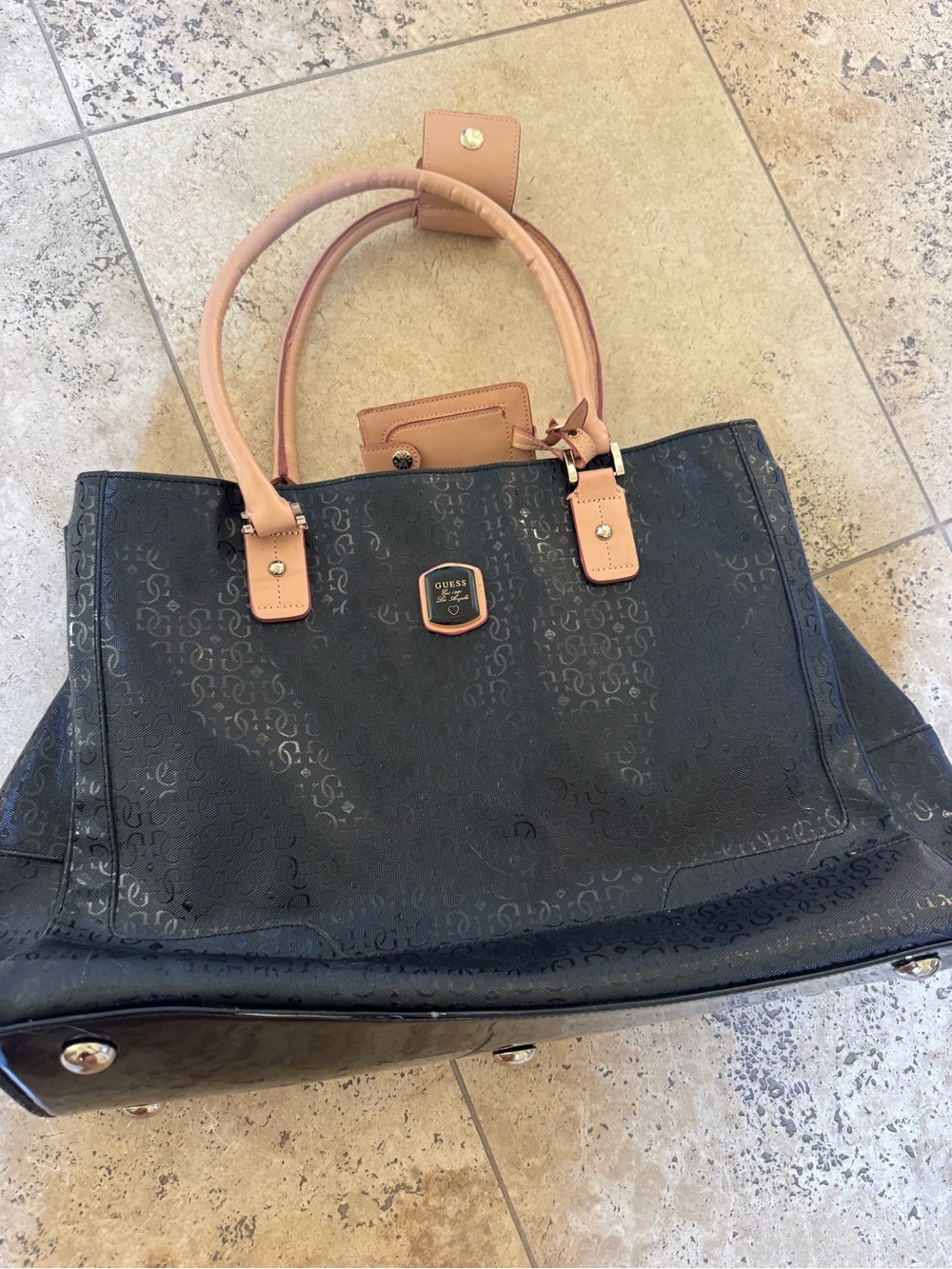 GUESS Black Tote with Tan Leather Handles and Accents